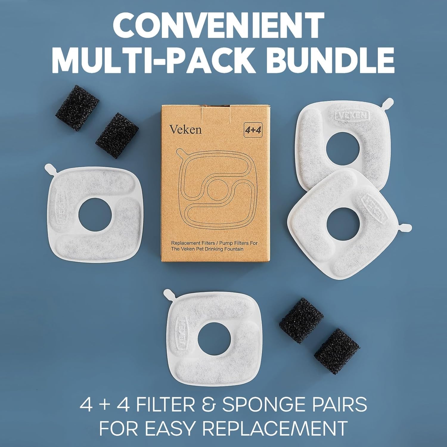 Cat Water Fountain Filters, 4 Pack Replacement Filters & 4 Pack Replacement Pre-Filter Sponges Set for 50Oz, 84Oz, 95Oz Automatic Pet Fountain Dog Water Dispenser