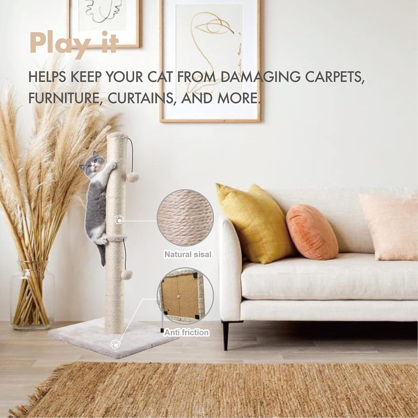 34” Tall Cat Scratching Post Premium Basics Kitten Scratcher Sisal Scratch Posts Trees with Hanging Ball for Indoor Cats, Beige