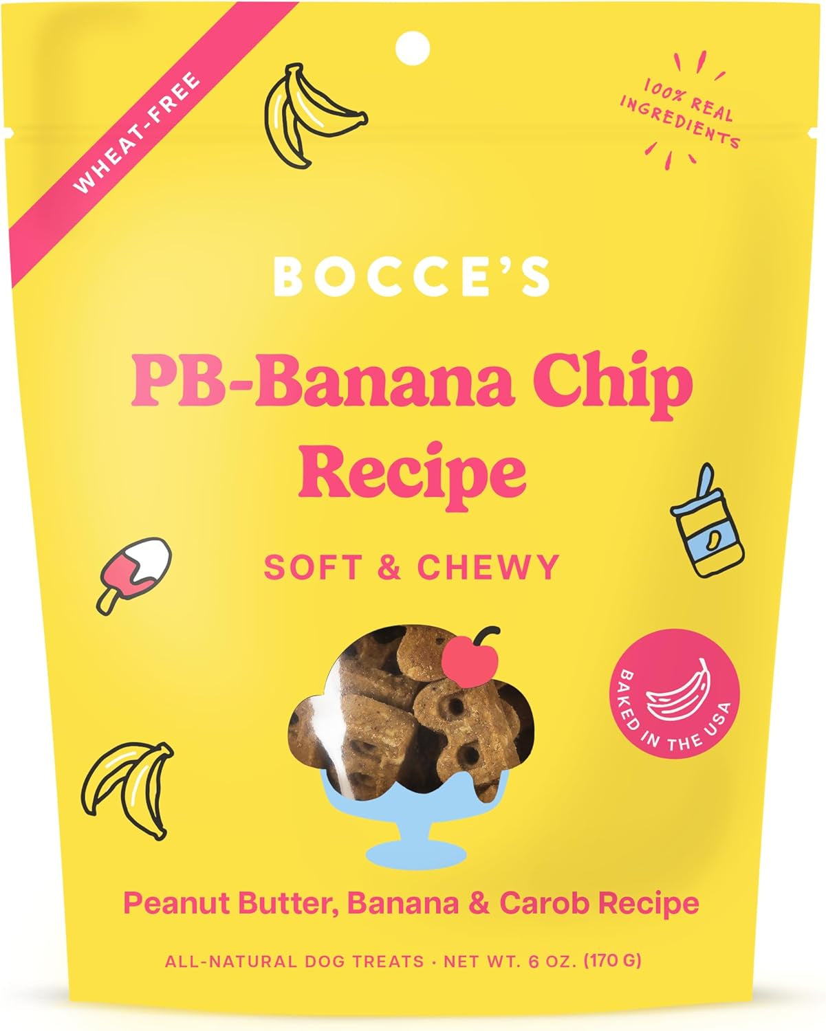 PB Banana Chip Recipe Treats for Dogs, Wheat-Free Everyday Dog Treats, Real Ingredients, Baked in the USA, All-Natural Soft & Chewy Cookies, Peanut Butter, Bananas, & Carob, 6 Oz
