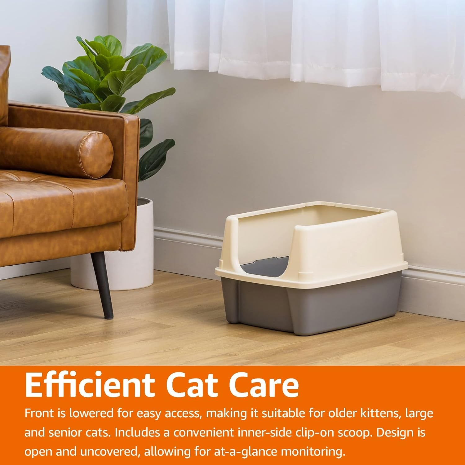 Large Cat Litter Box with High Sides, Open Top, Includes Scoop, 19 X 15 X 11.75 Inches, Grey/Beige