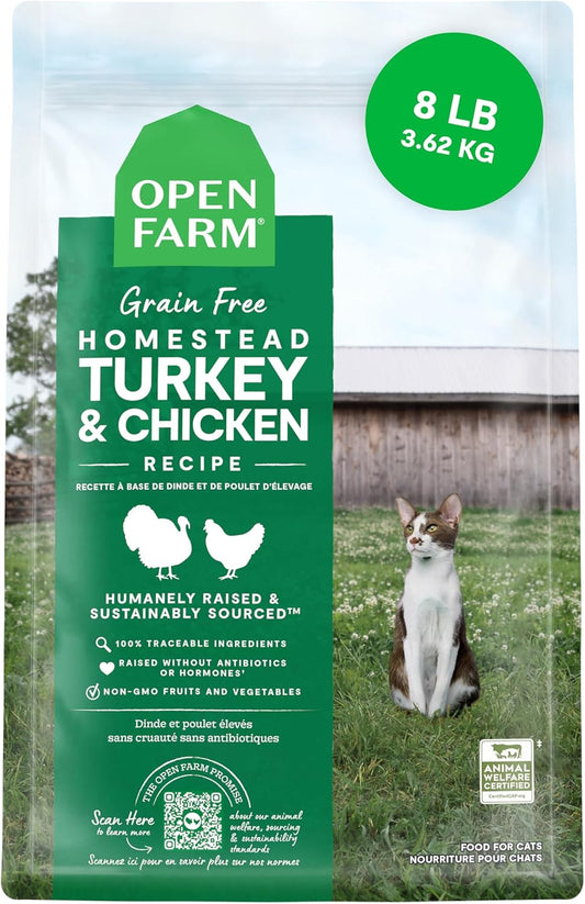 , Grain Free Dry Cat Food, High-Protein Kibble for a Complete & Balanced Diet, Non-Gmo Fruits & Vegetables, Prebiotic Fibers to Support Digestion, Homestead Turkey & Chicken Recipe, 8Lb Bag