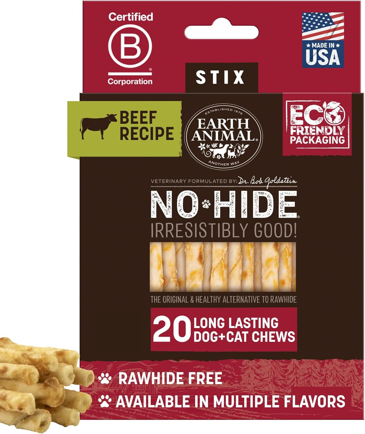 No Hide Stix - Long Lasting Rawhide Free Small Dog Chews Sticks, Beef - 20 Count Value Pack