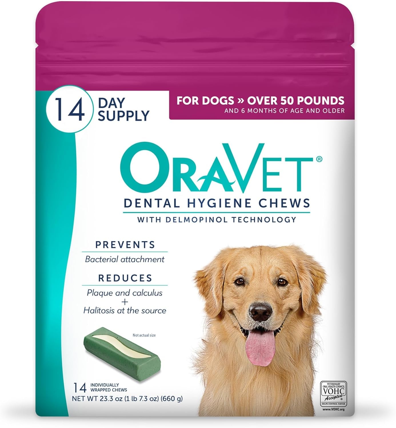 Dental Chews for Dogs, Oral Care and Hygiene Chews (Large Dogs, over 50 Lbs.) Pink Pouch, 14 Count