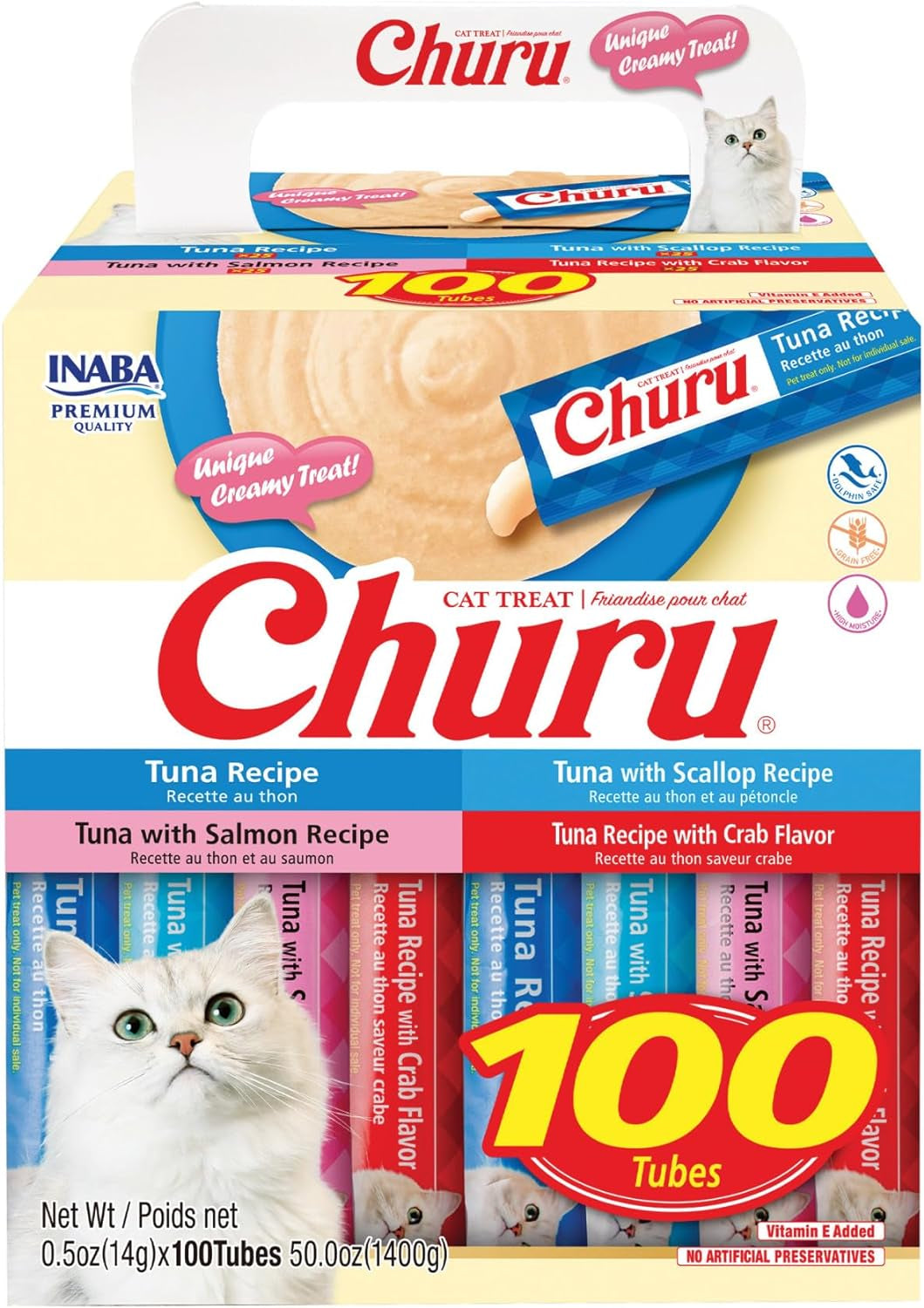 Churu Cat Treats, Lickable, Squeezable Creamy Purée with Vitamin E, 0.5 Ounces per Tube, 100 Tubes Total, Tuna Variety