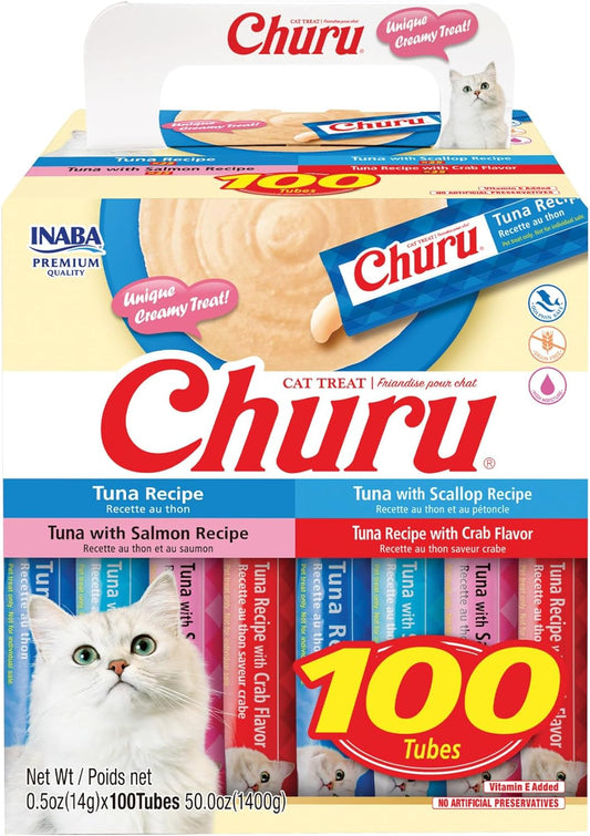 Churu Cat Treats, Lickable, Squeezable Creamy Purée with Vitamin E, 0.5 Ounces per Tube, 100 Tubes Total, Tuna Variety