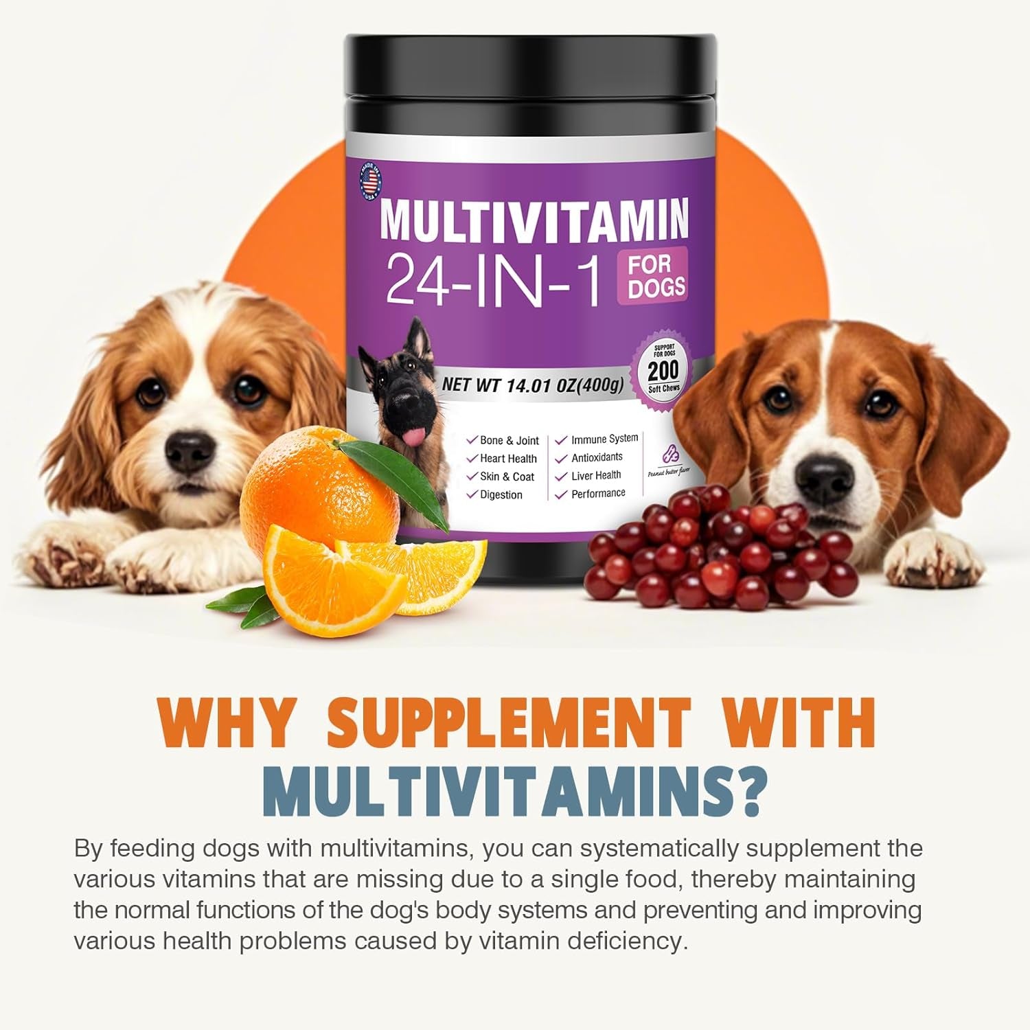 24-In-1 Dog Vitamins and Supplements 200 Ct Dogs Multivitamin Chewable Contain Chondroitin Probiotics Omega-3 Glucosamine for Dogs Skin Coat Heart Joint Gut Liver Brain Immune Support - Peanut Butter