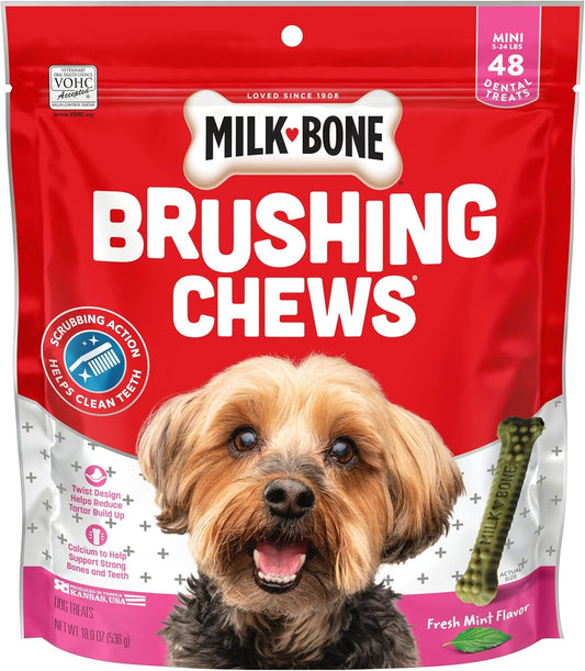 Fresh Breath Brushing Chews, 48 Mini Daily Dental Dog Treats Scrubbing Action Helps Clean Teeth