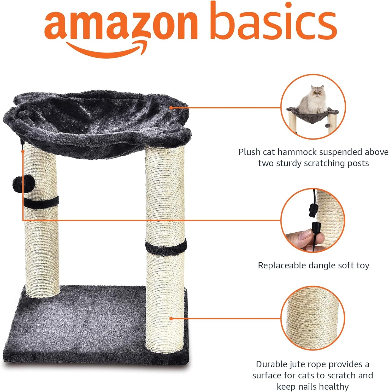 Cat Condo Tower with Hammock Bed and Scratching Post,Easy to Assemble,Plush Hammock,Interactive Hanging Ball, Durable Sisal Scratch Posts for Indoor Cats, 15.8 X 15.8 X 19.7 Inches, Gray