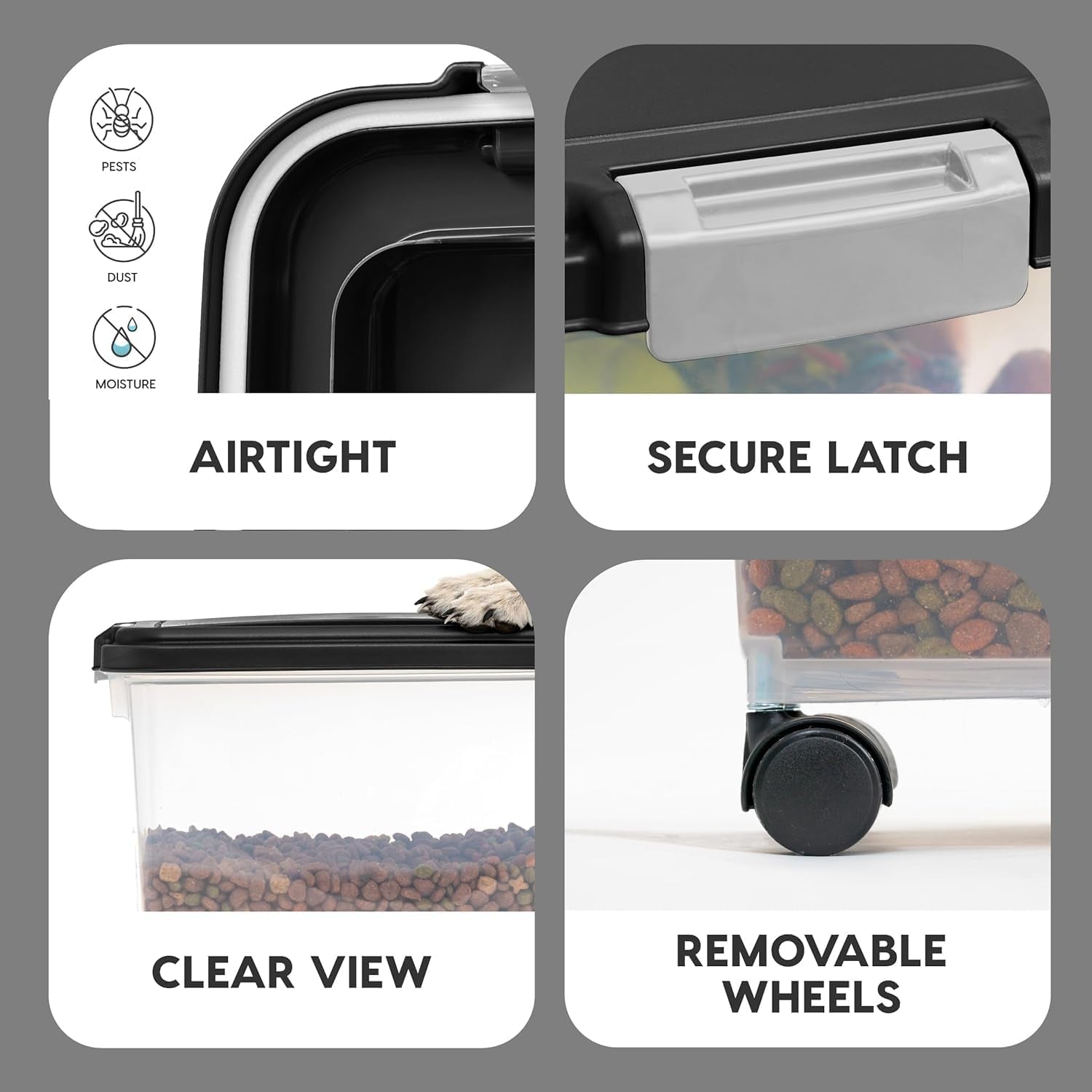 Airtight Dog Food Storage Container, up to 54 Lbs, Attachable Wheels, for Dog Cat Bird and Other Pet Food Storage Bin, Keep Fresh, Translucent Body, Easy Mobility, Black