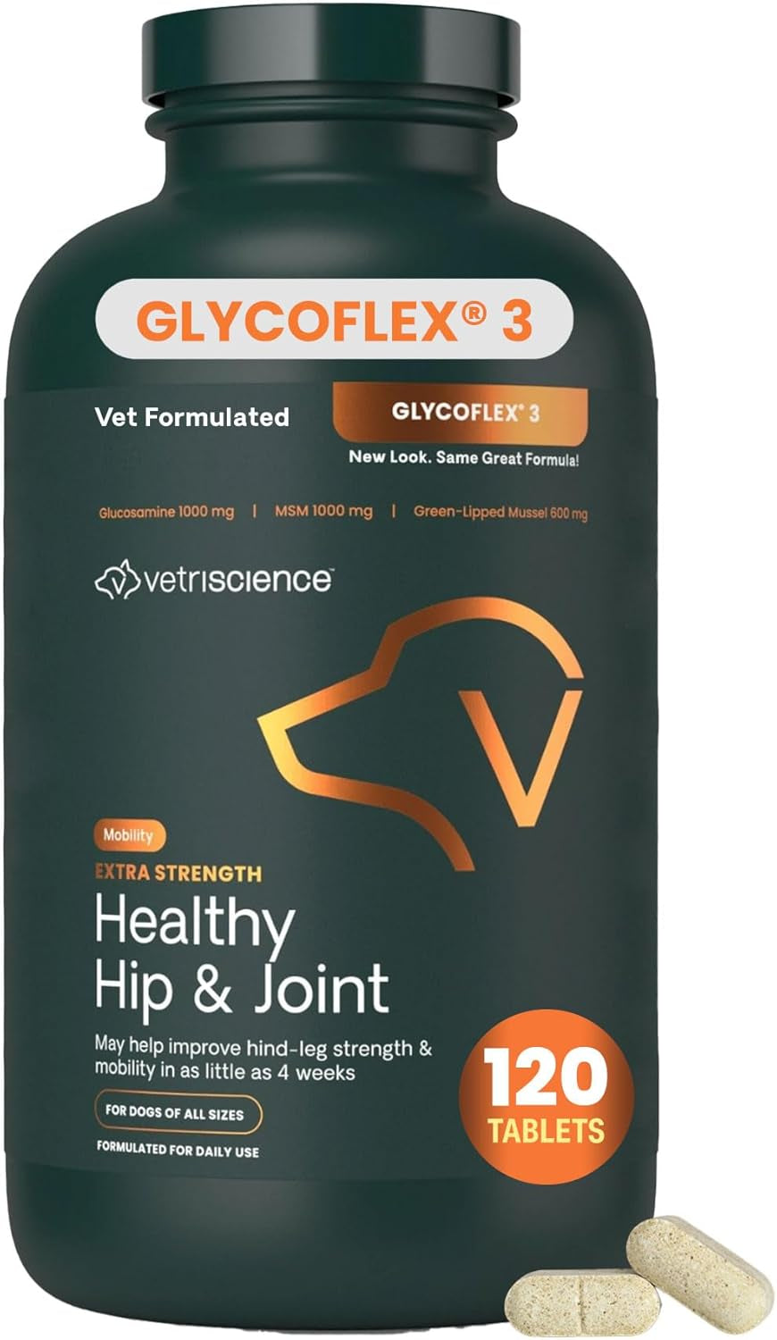 Extra Strength Healthy Hip & Joint Chewable Tablets, Glycoflex Glucosamine and Green-Lipped Mussel Joint Support Supplement for Dogs, Soothe Joint Discomfort, Chicken, 120 Count