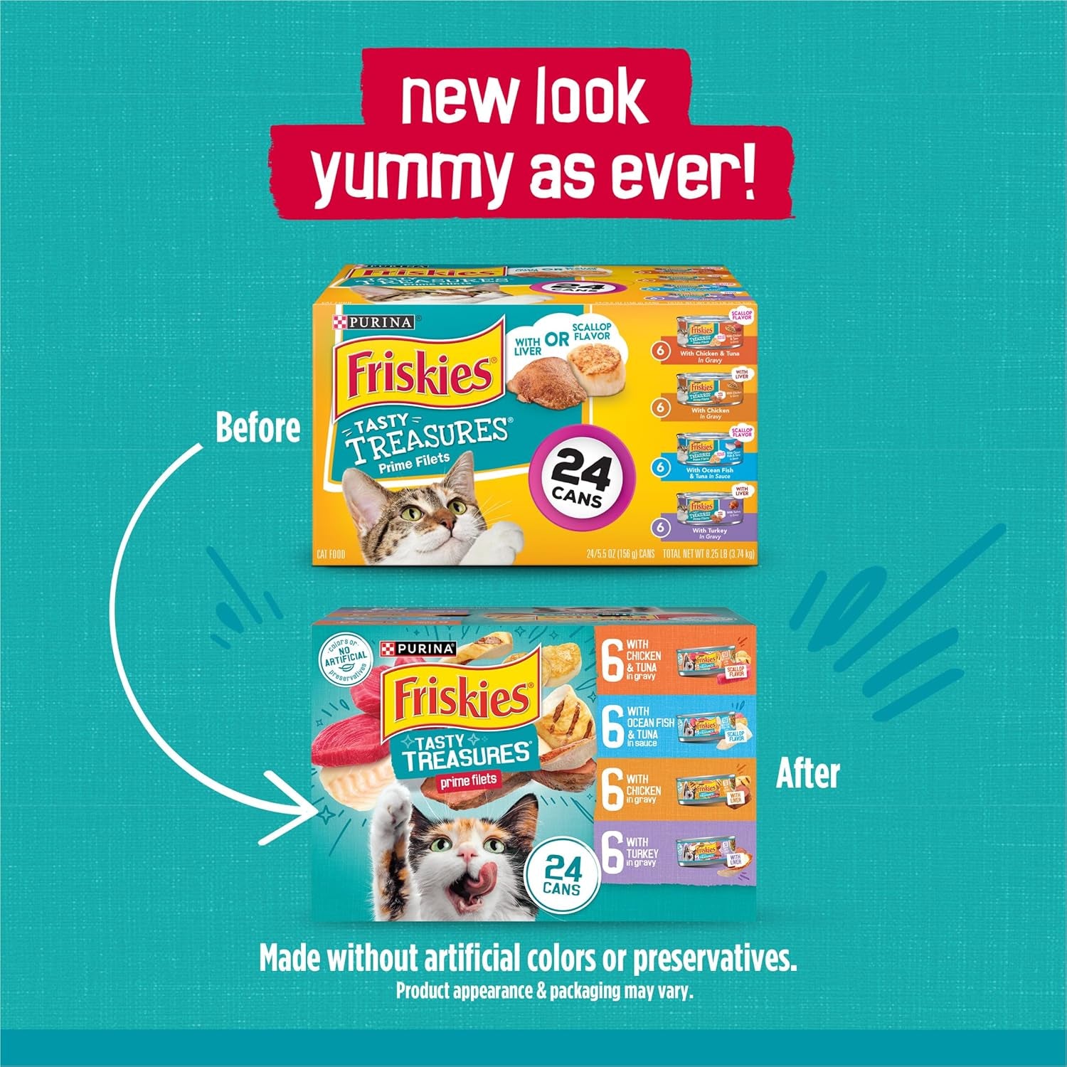 Purina  Wet Cat Food Variety Pack, Tasty Treasures Prime Filets with Chicken, Tuna, Ocean Fish, Turkey, Canned Cat Food Wet Pack of 24, 5.5 Oz Cans