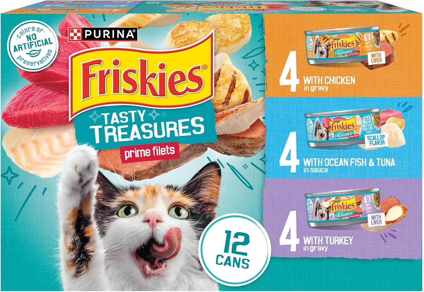 Purina  Wet Cat Food Variety Pack, Tasty Treasures Prime Filets (With Ocean Fish and Tuna, with Chicken and with Turkey) - (Pack of 12) 5.5 Oz. Cans