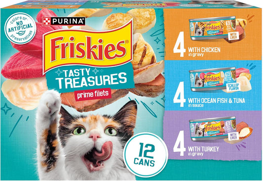 Purina  Wet Cat Food Variety Pack, Tasty Treasures Prime Filets (With Ocean Fish and Tuna, with Chicken and with Turkey) - (Pack of 12) 5.5 Oz. Cans