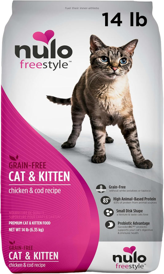 Freestyle High Protein Cat & Kitten Food, Chicken & Cod Recipe - Natural Grain-Free Dry Cat Food with Omega Fatty Acids & Probiotics, 14 Lb Bag
