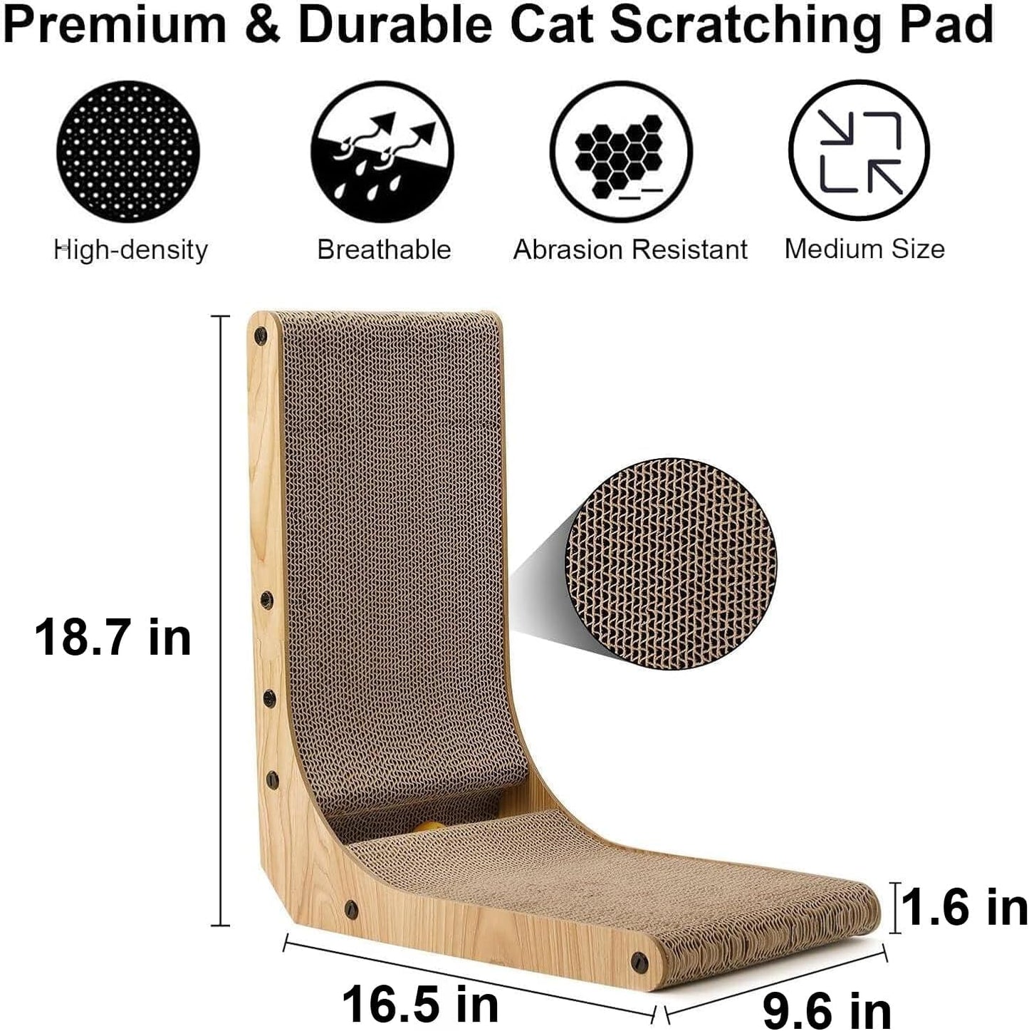 Cat Scratcher, 18.7 Inch L Shape Cat Scratch Pad Wall Mounted, Cat Scratching Cardboard with Ball Toy for Indoor Cats