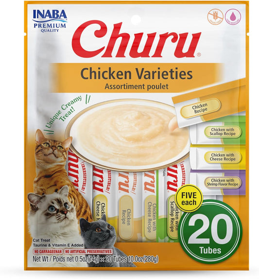 Churu Cat Treats, Grain-Free, Lickable, Squeezable Creamy Purée Cat Treat/Topper with Vitamin E & Taurine, 0.5 Ounces Each Tube, 20 Tubes, Chicken Variety