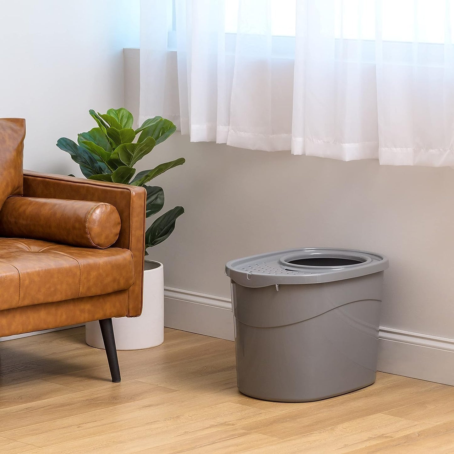 Large Cat Litter Box with High Sides, Top Entry, Includes Scoop, 20.5 X 14.75 X 14.38 Inches, Grey
