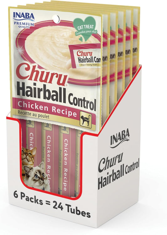 Churu Hairball Control, Functional, Creamy Lickable Purée Cat Treat with Taurine & Vitamin E, 0.5 Ounces Each, 24 Tubes (4 per Pack), Chicken Recipe