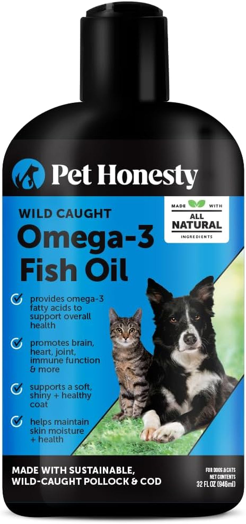 Omega 3 Fish Oil Supplement for Dogs & Cats (32Oz), Wild Caught Omega 3 Fish Oil for Skin and Coat Health, Supports Shedding, Skin & Coat, Immunity, Joint, Brain & Heart, EPA + DHA