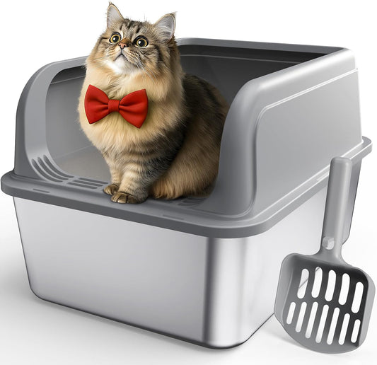 Stainless Steel Cat Litter Box, Metal Kitty Litter Box with Scoop, Anti-Leakage Top Entry, Non-Sticky, Easy to Clean, Grey, 13.5" × 17.3" × 11"