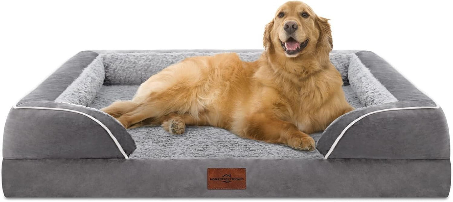 Orthopedic Dog Bed for Extra Large Dogs 42X30 Inch, Waterproof Egg Crate Foam XL Pet Bed with Removable Bolsters, Dog Couch with Washable Cover & Non-Slip Bottom, Grey