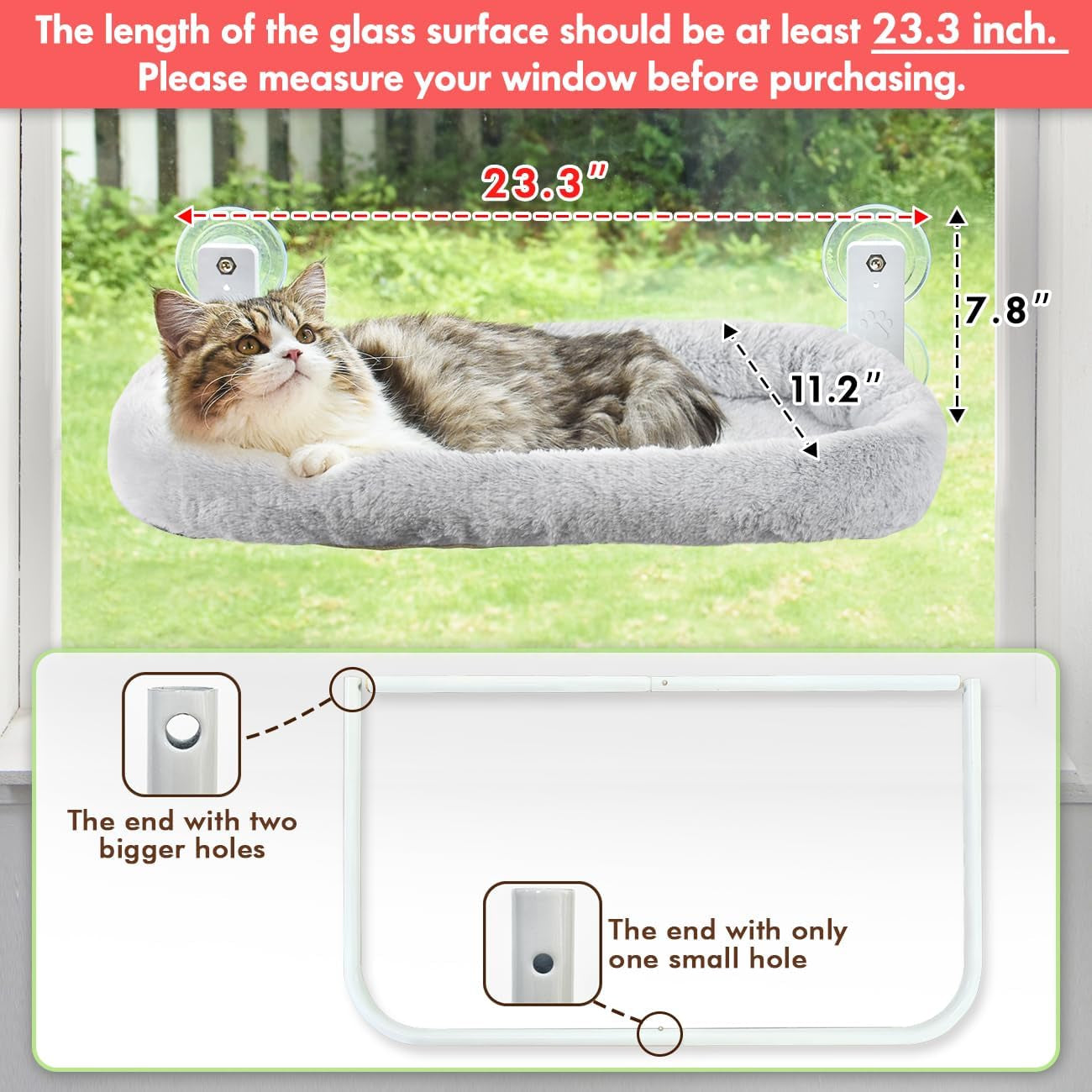 Cordless Cat Window Perch, Cat Hammock for Wall with 4 Strong Suction Cups, Solid Metal Frame and Two Replaceable Covers, Foldable Cat Beds for Indoor Cats (Large-Cushion Bed-Gray)