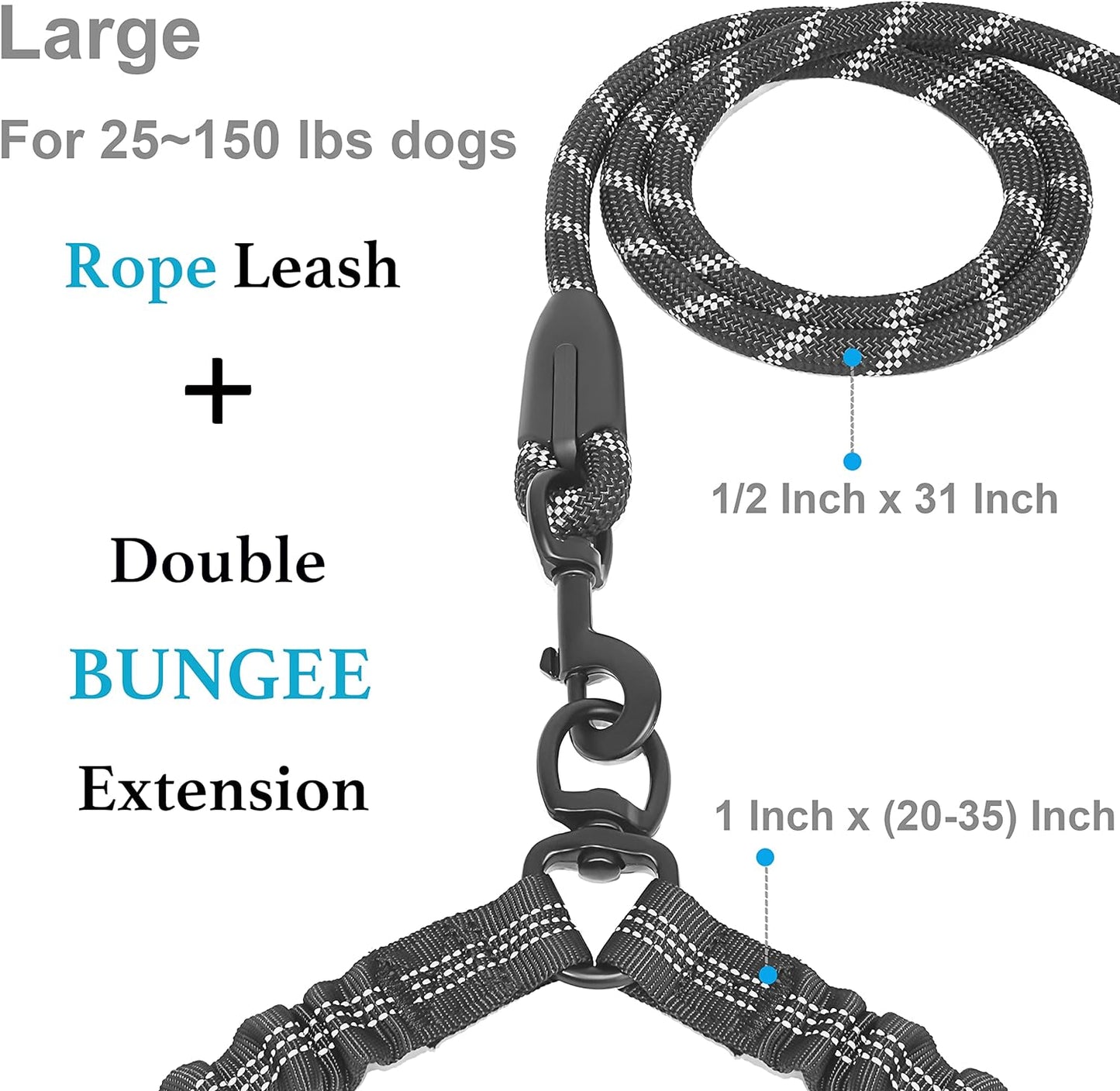 Dual Dog Leash - 360° Swivel, No Tangle Walking Leash with Shock Absorbing Bungee for Two Dogs (Large, 25-150 Lbs, Black)