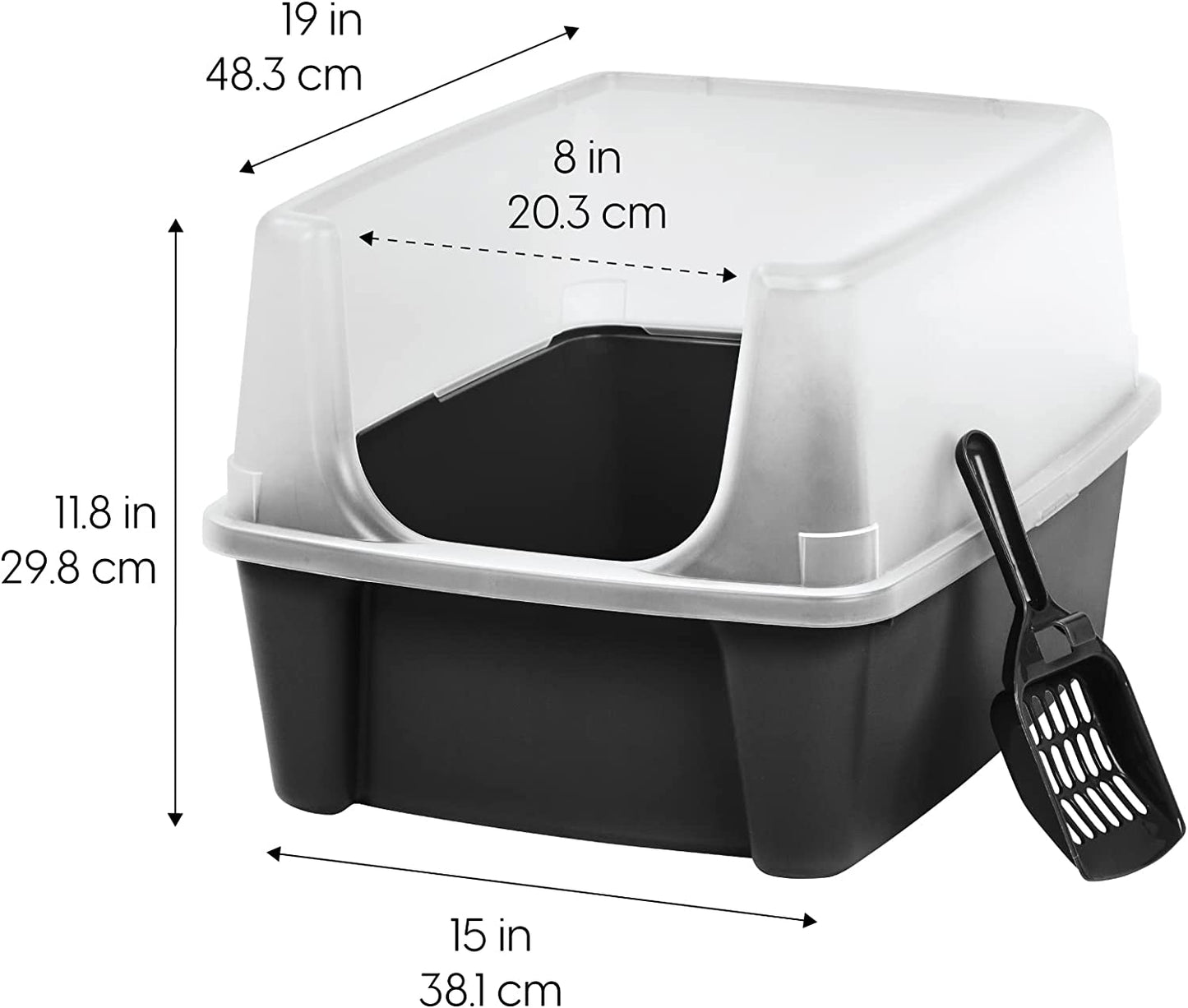 USA Large Open Top Cat Litter Box with High Sides, Scatter Shield & Scoop, Black - Easy Clean Plastic Litter Pan for Indoor Cats, Kittens or Multicat Homes