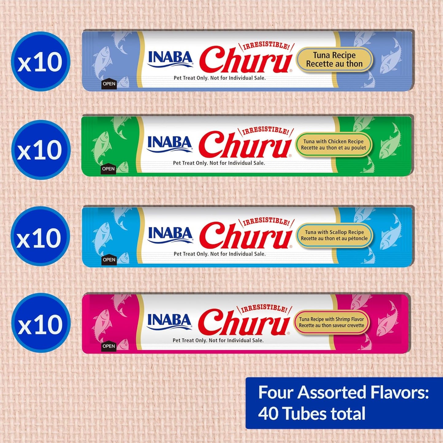 Churu Cat Treats, Grain-Free, Lickable, Squeezable Creamy Purée Cat Treat/Topper with Vitamin E & Taurine, 0.5 Ounces Each, 40 Tubes, Tuna & Seafood Variety Box