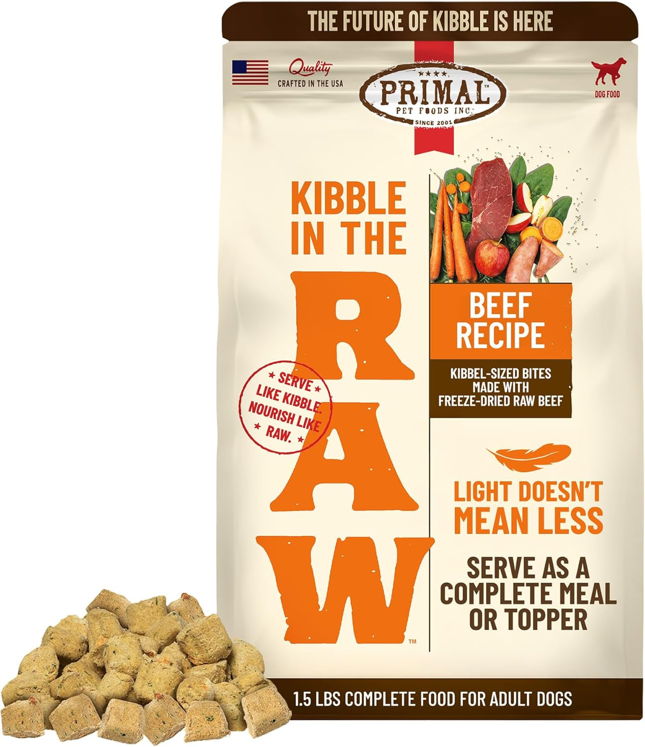 Primal Kibble in the Raw, Freeze Dried Dog Food, Beef, Scoop & Serve, Made with Raw Protein, Whole Ingredient Nutrition, Crafted in the USA, Dry Dog Food 1.5 Lb Bag