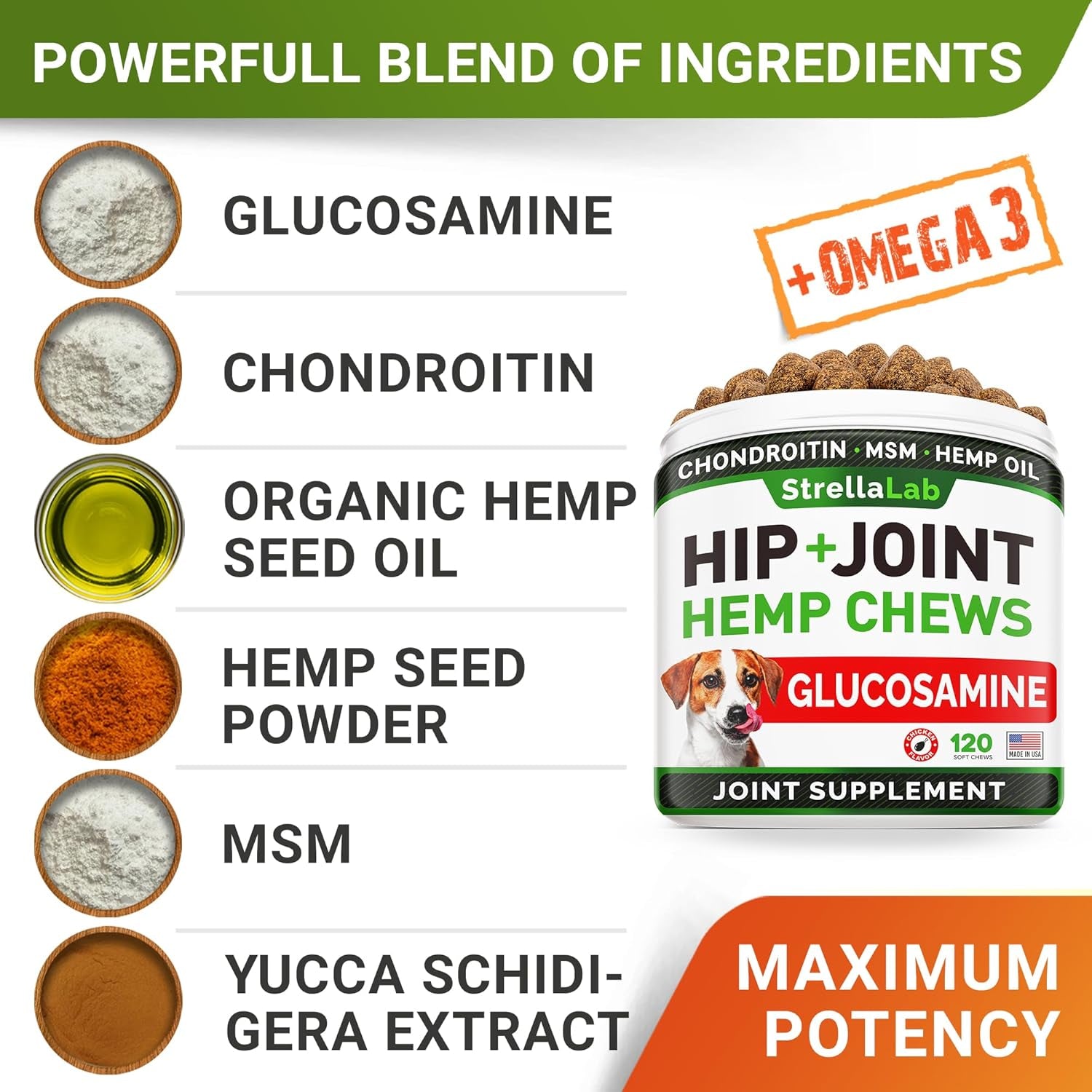 Hemp Chews for Dogs - Hip & Joint Supplement with Glucosamine - Joint Pain Relief Treats - Omega 3, Chondroitin, MSM - Advanced Mobility Support - Chicken Flavor - 120 Ct - Made in USA