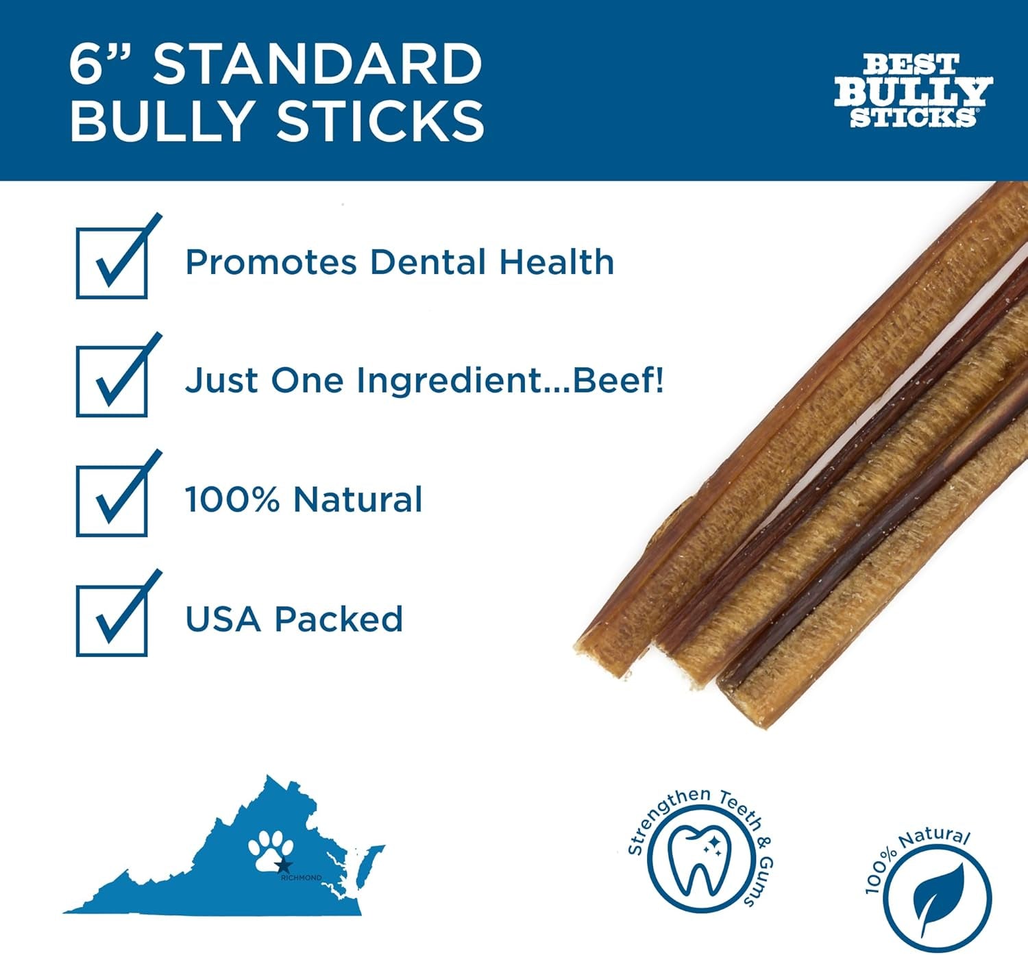 6 Inch Bully Sticks - 8 Oz (Pack of 1) - Natural Grass-Fed, Grain and Rawhide Free, Great for Medium or Large Pets