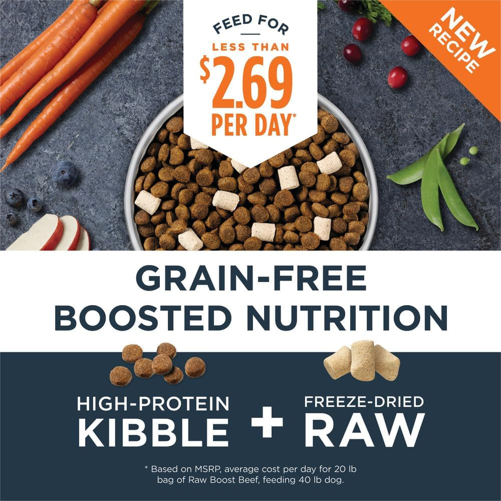 Raw Boost, Natural Dry Dog Food with Freeze Dried Pieces, High Protein, Grain Free Recipe - Real Beef, 20 Lb. Bag