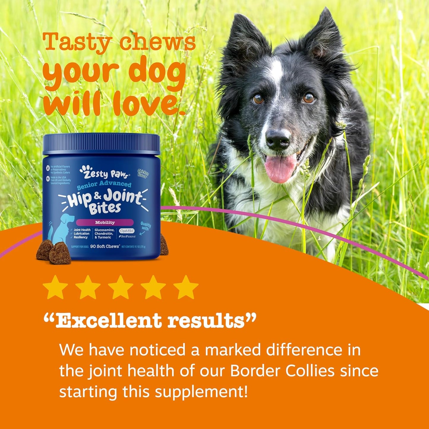 Mobility Bites Joint Supplement for Dogs - Soft Chews with Glucosamine for Dogs, Chondroitin, & MSM + Vitamins C and E - Adv Chicken - 90 Count