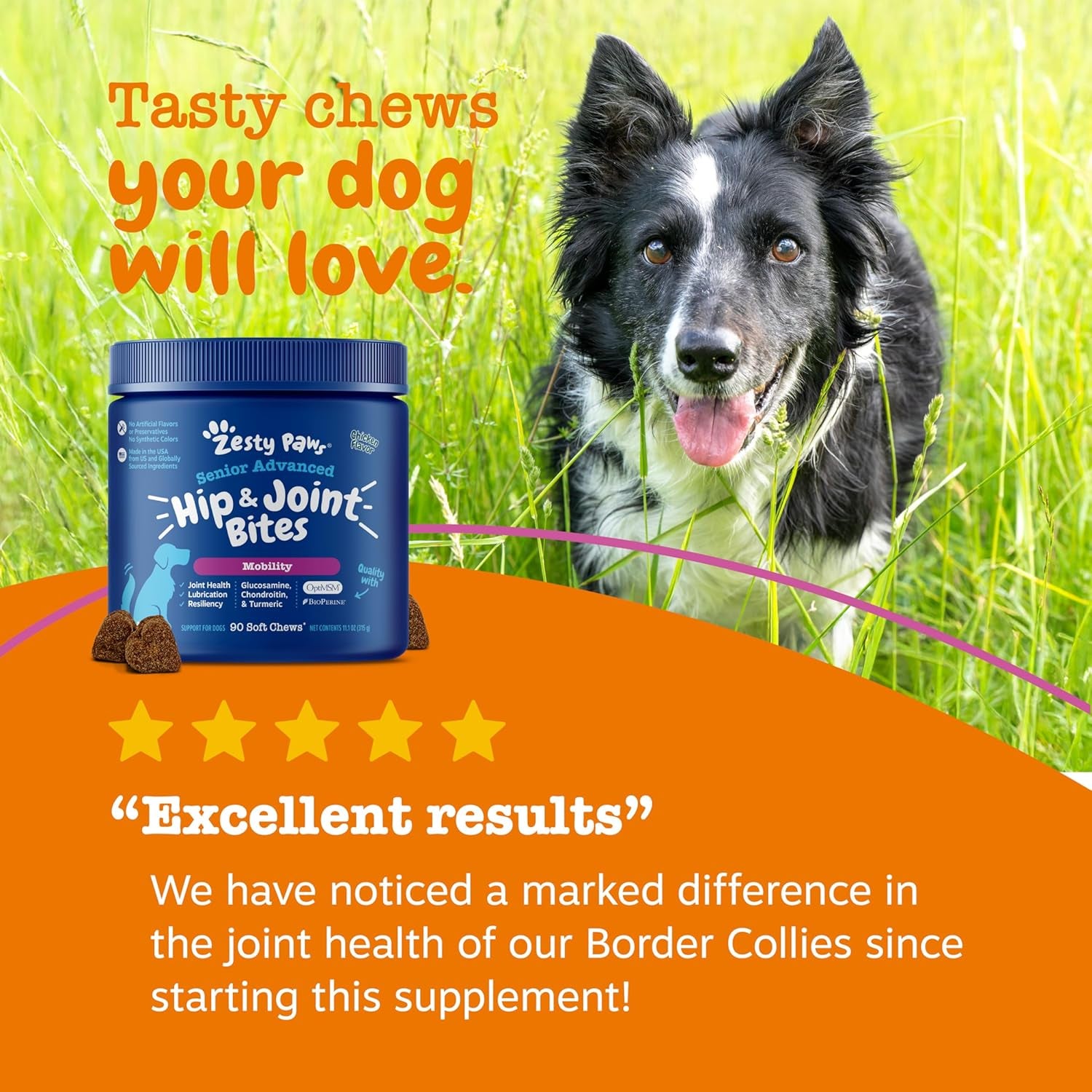 Mobility Bites Joint Supplement for Dogs - Soft Chews with Glucosamine for Dogs, Chondroitin, & MSM + Vitamins C and E - Adv Chicken - 90 Count