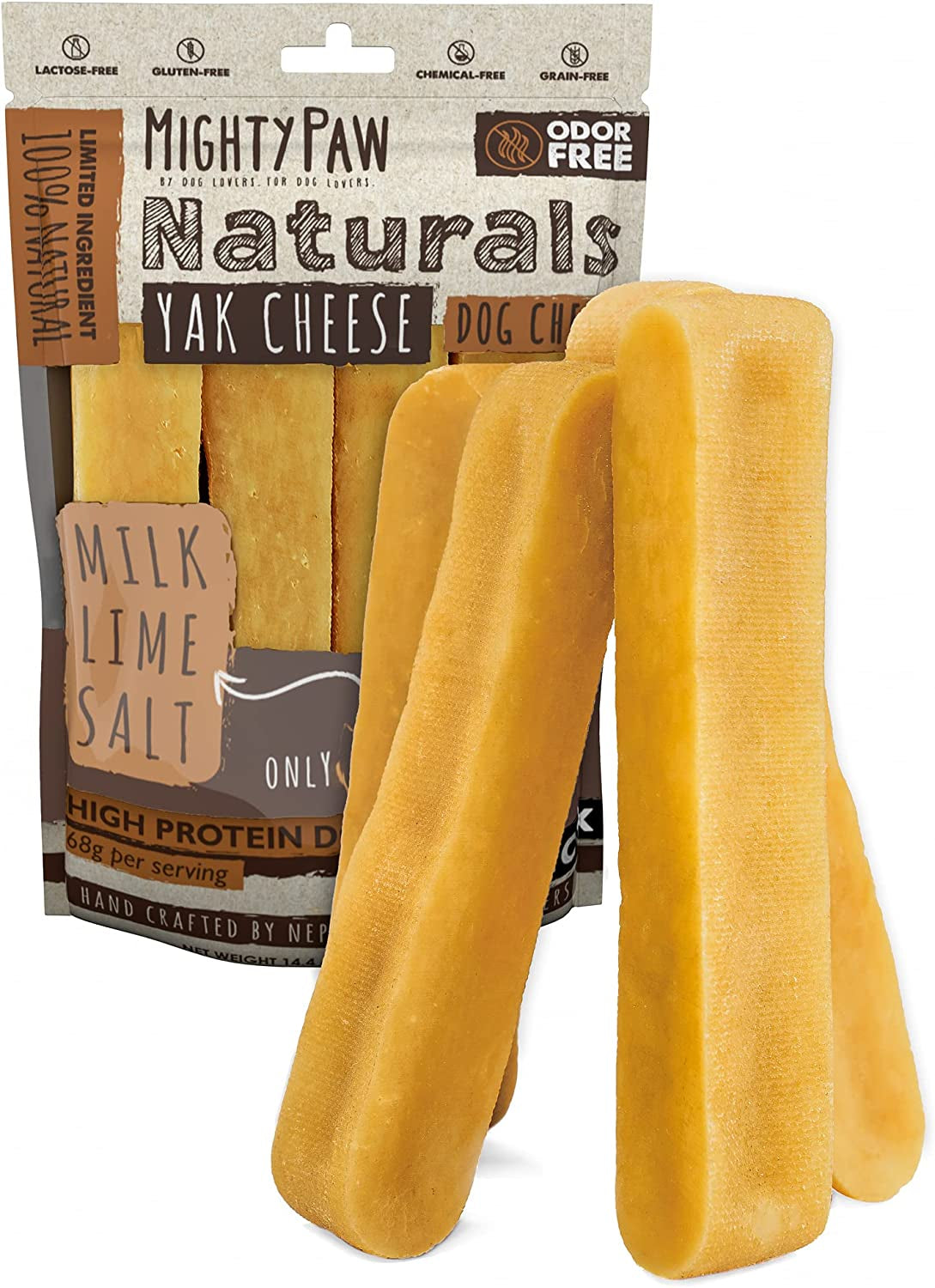 Yak Cheese Dog Chews – All-Natural Long Lasting Hard Chew for Aggressive Chewers – High Protein, Odor-Free Dog Treat – 3 Ingredient Natural Yak Chews for Large Dogs – (4 Pack)