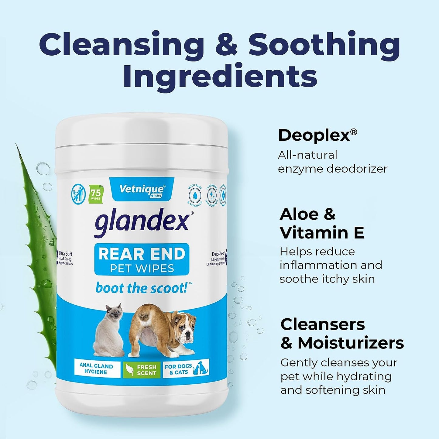 Labs Glandex Dog Wipes for Pets Cleansing & Deodorizing Anal Gland Hygienic Dog & Cat Wipes with Vitamin E, Skin Conditioners and Aloe (75Ct)