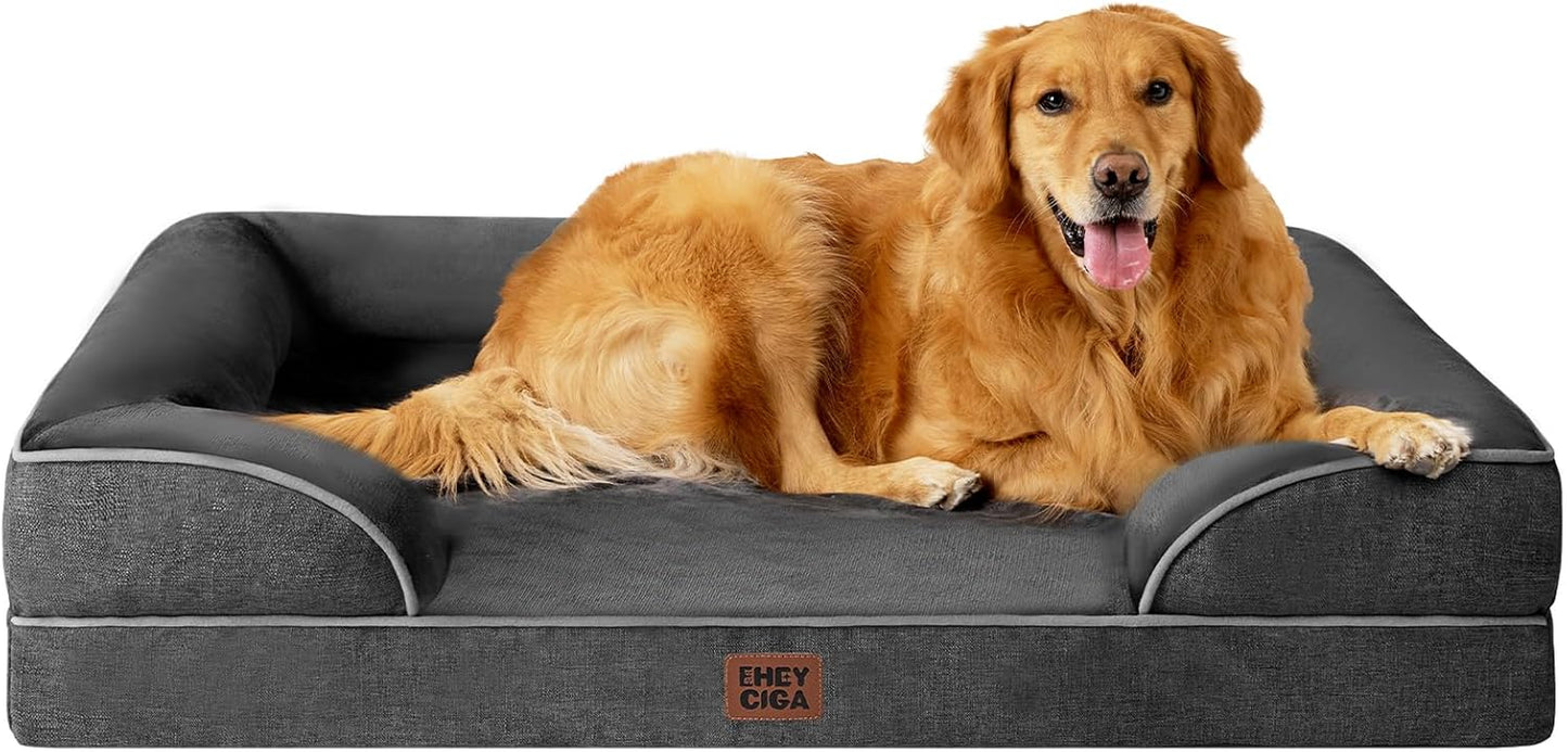 Orthopedic Dog Beds for Extra Large Dogs, Waterproof Memory Foam XL Pet Bed with Sides, Non-Slip Bottom and Egg-Crate Foam Big Dog Couch Bed with Washable Removable Cover, Dark Grey