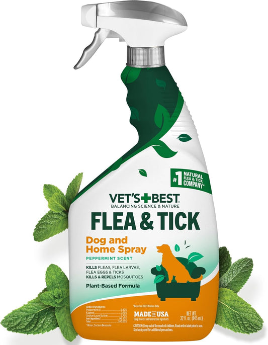 Natural Indoor Flea and Tick Spray – Dog Flea and Tick Treatment for Home, Plant-Based Formula with Natural Oils, Kills Fleas, Eggs & Ticks on Contact, Made in USA, 32 Oz