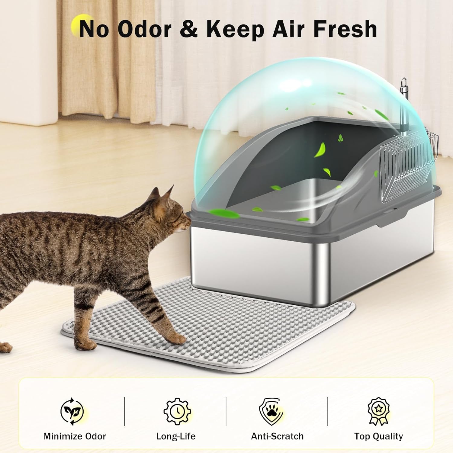 Stainless Steel Litter Box, Extra Large Litter Boxes for Big Cats, Xlarge Metal Cat Litter Box with Lid, Anti-Urine Leakage XL Box with High Sides, Easy Clean, Non-Sticky, Cat Mat & Metal Scoop