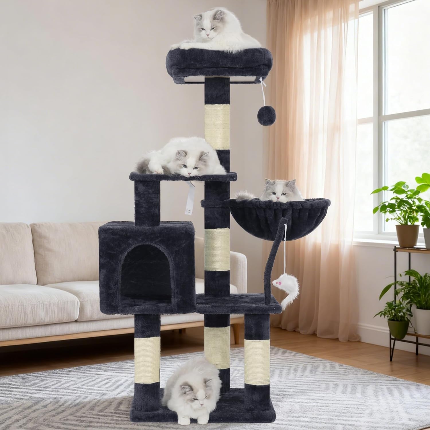 Cat Tree with Toy, Cat Tower Condo for Indoor Cats, Cat House with Padded Plush Perch, Cozy Hammock and Sisal Scratching Posts, Smoky Gray HCT004SG