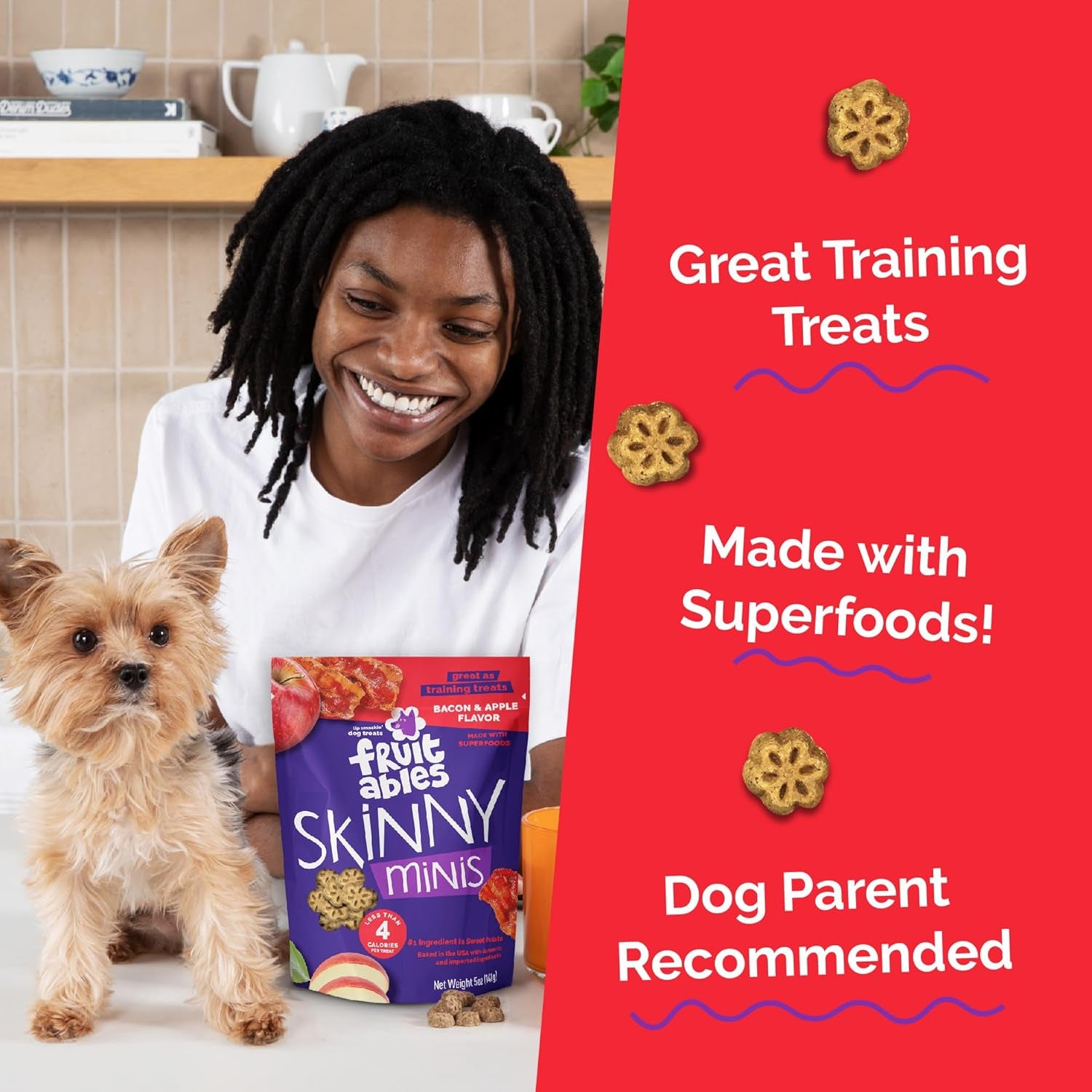 Skinny Mini Dog Treats, Healthy Sweet Potato Treat for Dogs, Low Calorie & Delicious, Puppy Training, Free of Wheat, Corn and Soy, Made in the USA, Bacon and Apple Flavor, 5Oz