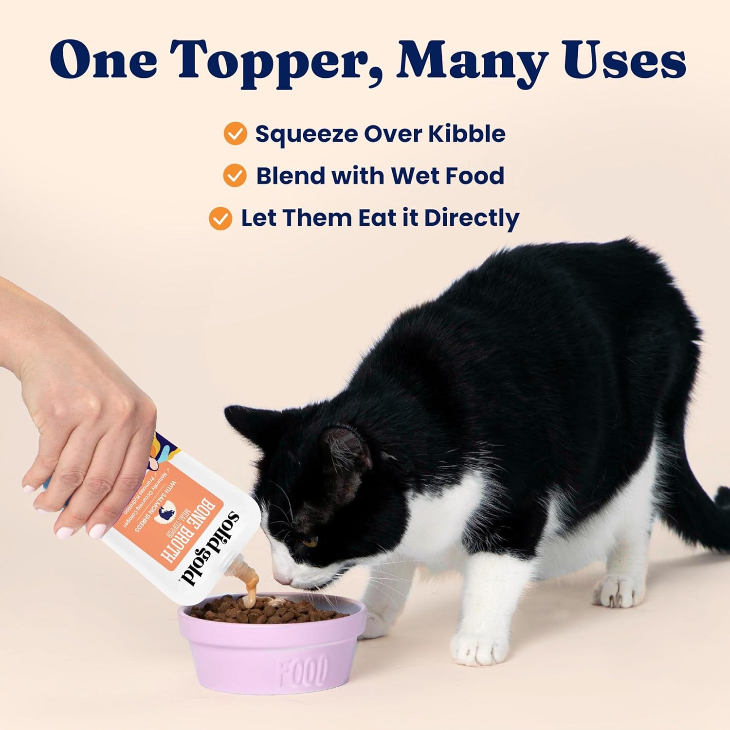Bone Broth Cat Food Topper - Limited Ingredient Lickable Cat Broth Pouches W/Salmon Protein Shreds & Collagen for Hydration & Gut Support - Easy to Serve Gravy for Cats Meal Topper - 12Ct