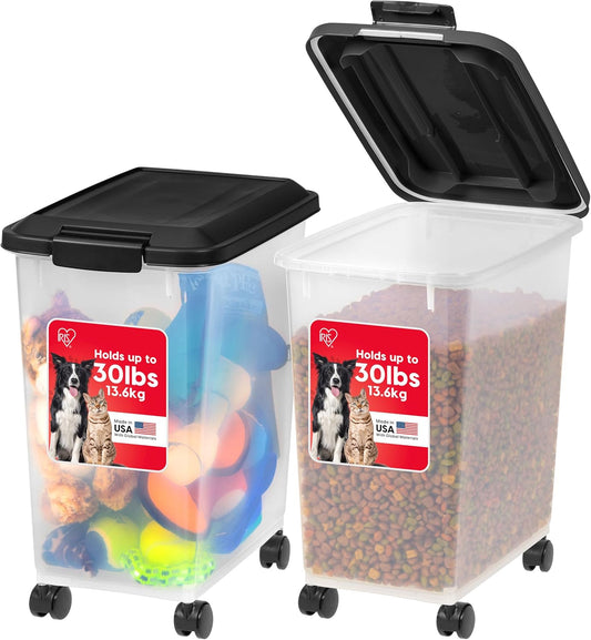 IRIS USA Dog Food Storage Container, 2 Pack, up to 30 Lbs Each, Airtight Seal for Freshness, Wheels for Rolling, Easy One Hand Opening, Made in USA, BPA Free, Clear/Black