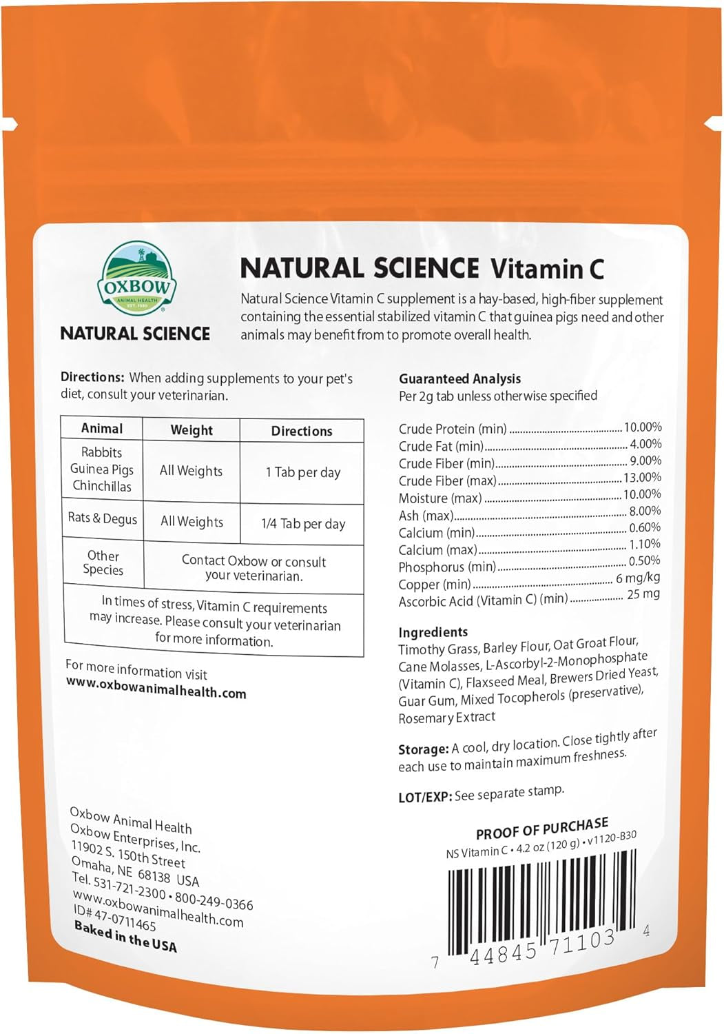 Animal Health Natural Science Vitamin C Supplement, Vitamin C for Guinea Pig, Made with  Timothy Hay, Pet Supplements for Guinea Pigs, Veterinarian Formula, Made in USA, 4.2 Oz Bag