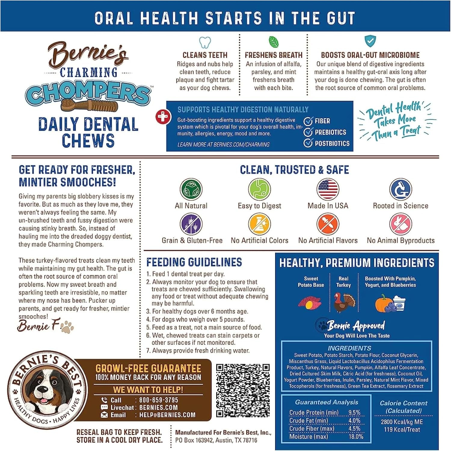 Charming Chompers - Daily Dental Chews for Dogs 15-25 Lbs. - 30 Count - Cleans Teeth, Freshens Breath, + Boosts Oral-Gut Microbiome. Easy to Digest, Supports Healthy Digestion Naturally