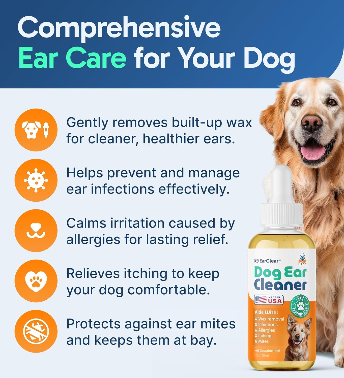 Ear Clear, Natural Dog Ear Cleaner and Infection Treatment for Dogs, Dog Drops for Itching, Irritation, & Wax Build-Up, 1 Oz Bottle with Dropper
