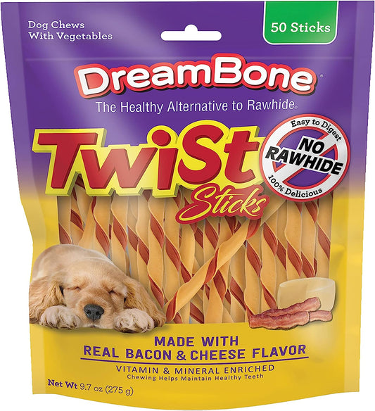 Twist Sticks, Made with Real Bacon and Cheese Flavor, Rawhide-Free Chews for Dogs, 50 Count