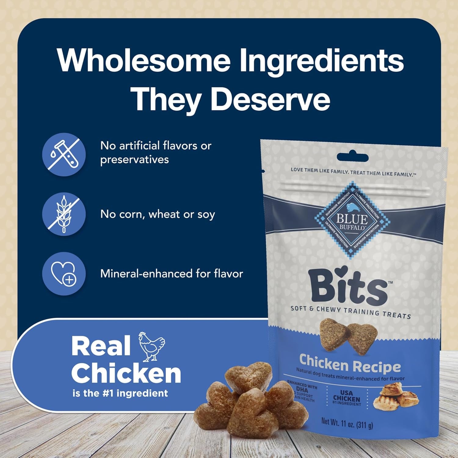 Bits Soft Dog Treats for Training, Made with Natural Ingredients & Enhanced with DHA, Chicken Recipe, 4-Oz Bag
