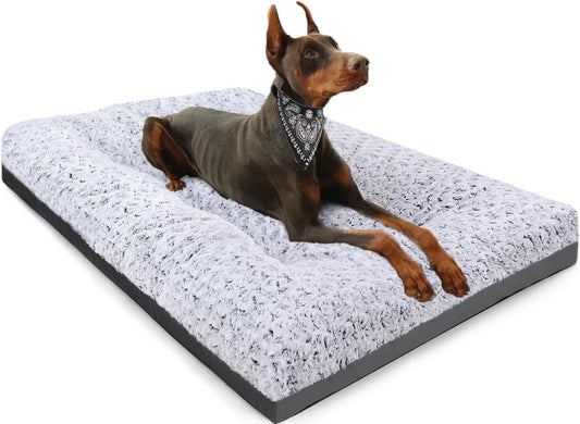 Deluxe Washable Dog Bed for Large Dogs Dog Crate Mat 35 Inch Comfy Fluffy Kennel Pad Anti-Slip for Dogs up to 60 Lbs, 35" X 23", Grey